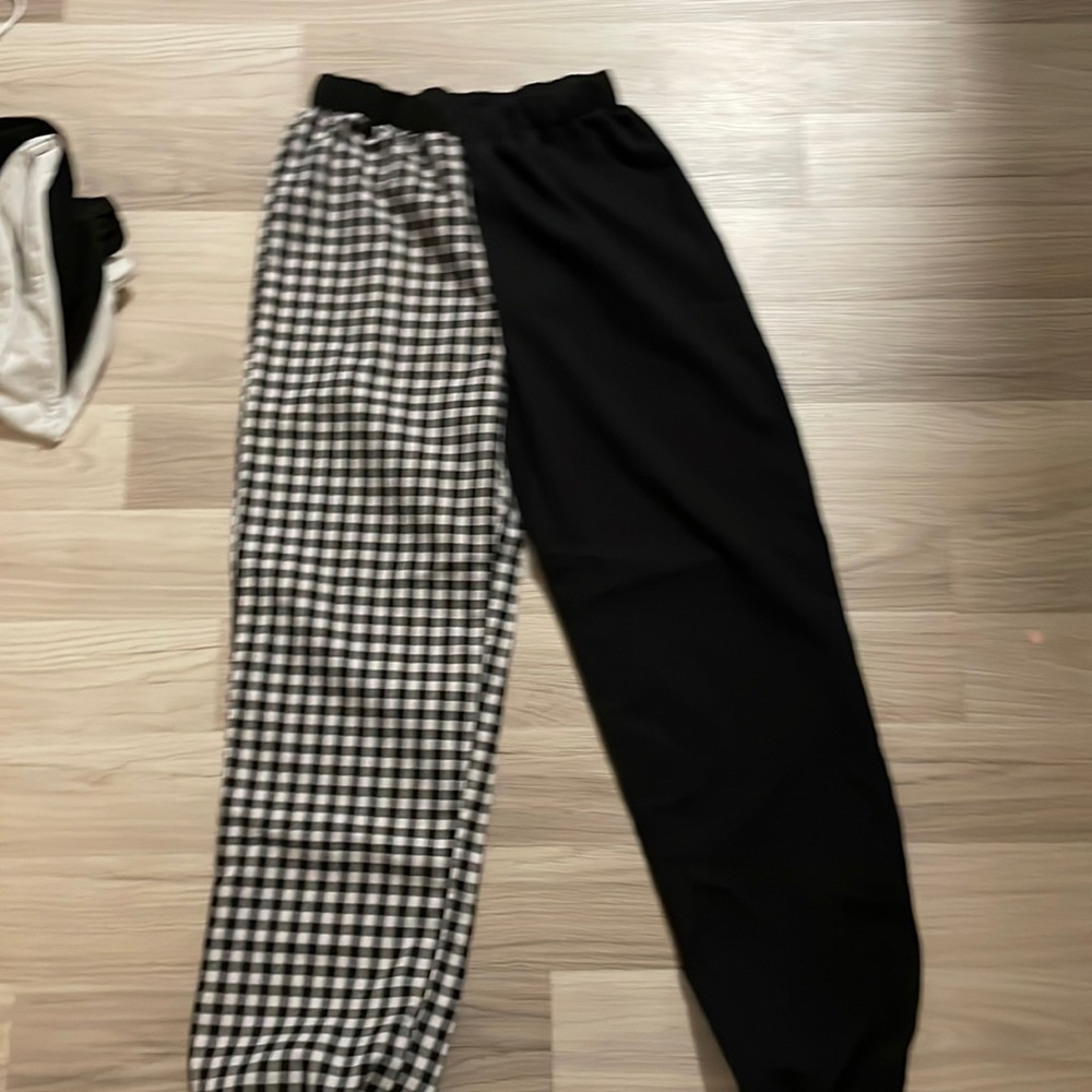 half black half checkered pants
